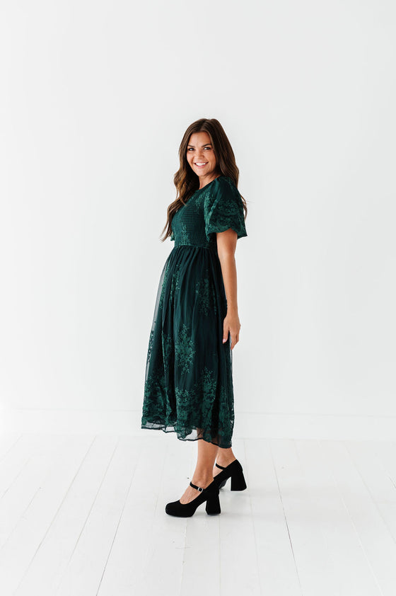 Mia Embroidered Smocked Dress in Emerald