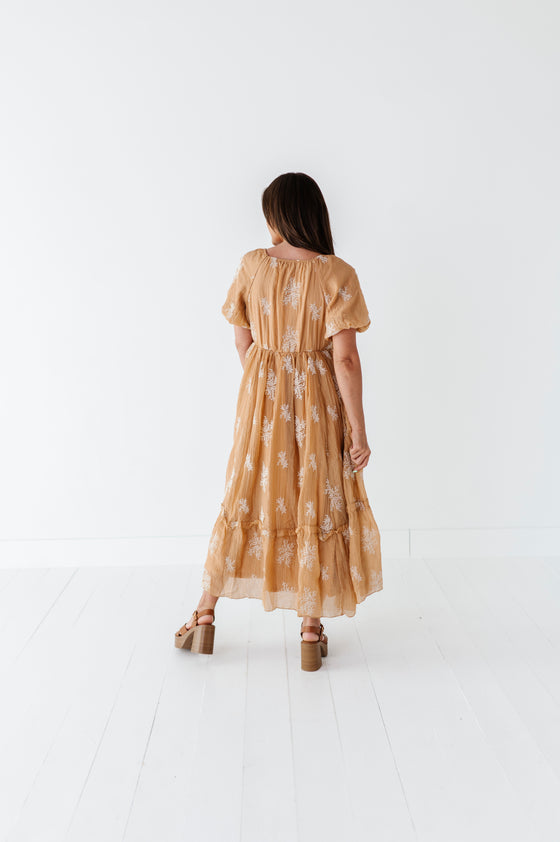 Lola Embroidered Dress in Camel - Size Medium Left