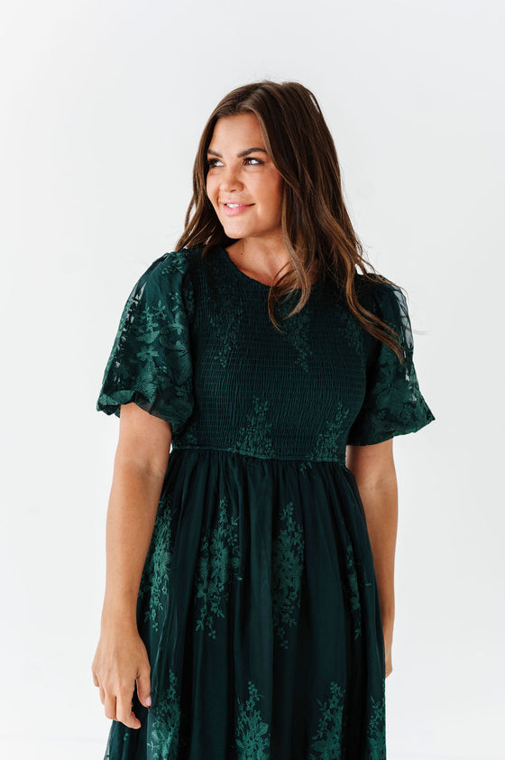 Mia Embroidered Smocked Dress in Emerald