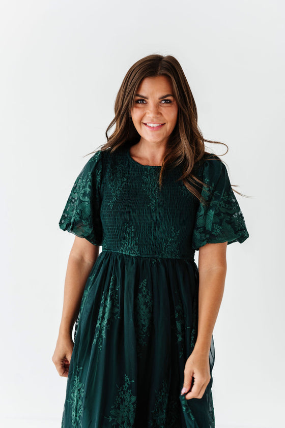 Mia Embroidered Smocked Dress in Emerald