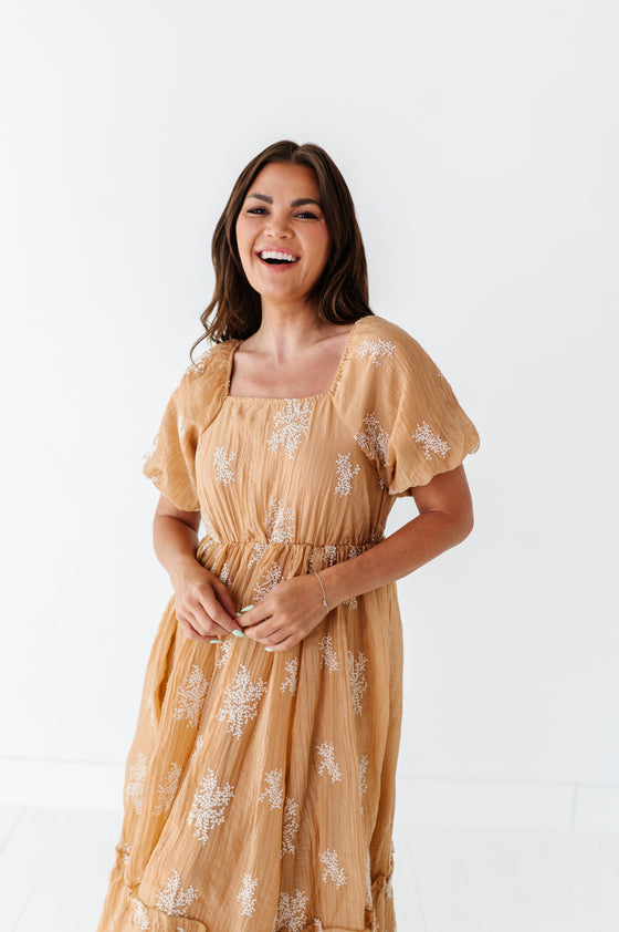 Lola Embroidered Dress in Camel