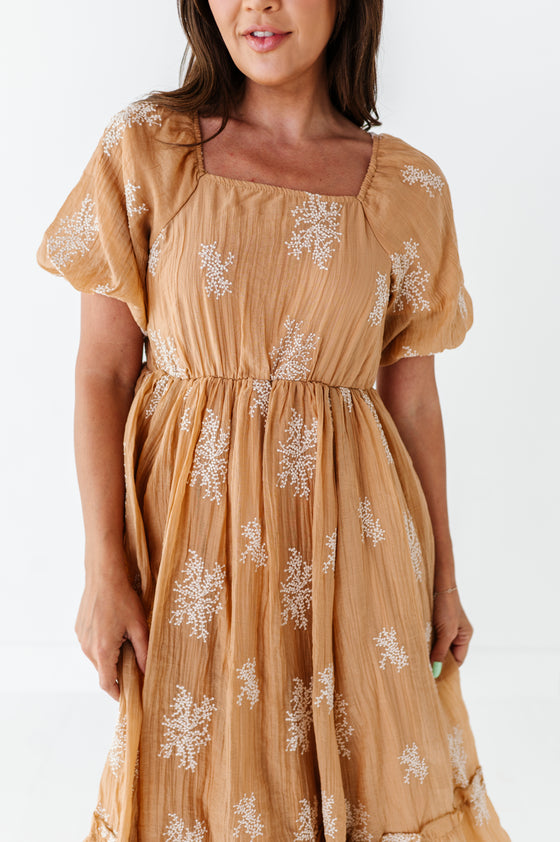 Lola Embroidered Dress in Camel - Size Medium Left