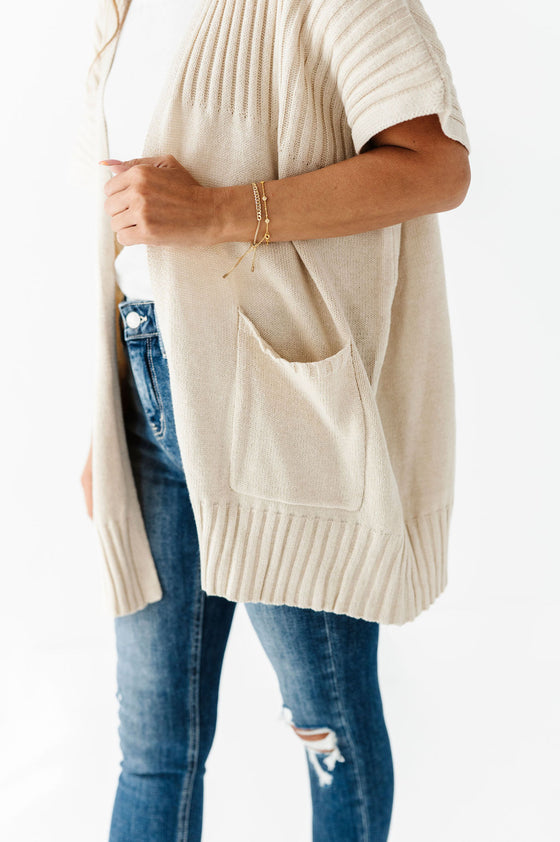 Gigi Short Sleeve Cardigan Sweater in Natural