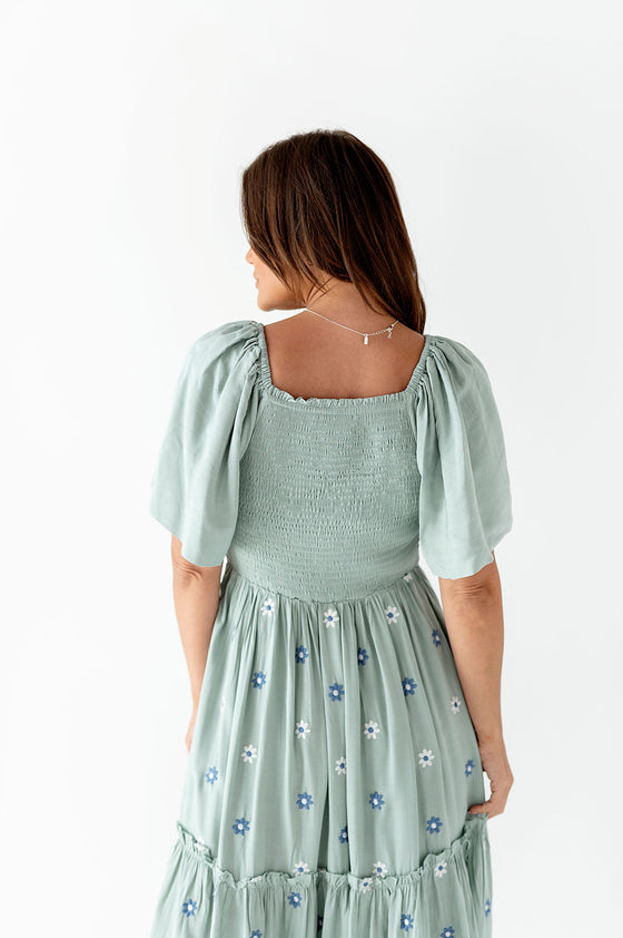 Clementine Embroidered Dress in Dusty Blue