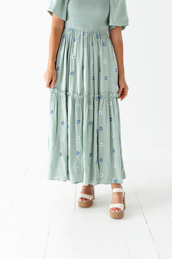 Clementine Embroidered Dress in Dusty Blue