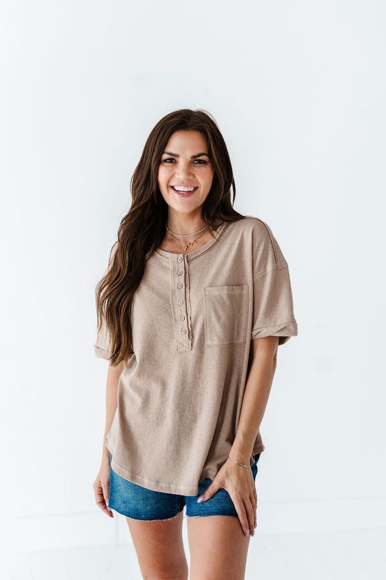 Drew Henley Knit Top in Taupe