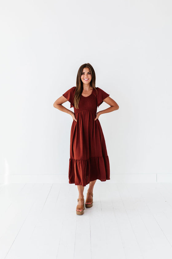 Mollie Midi Dress in Deep Rust