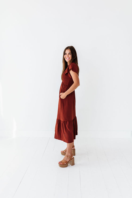 Mollie Midi Dress in Deep Rust