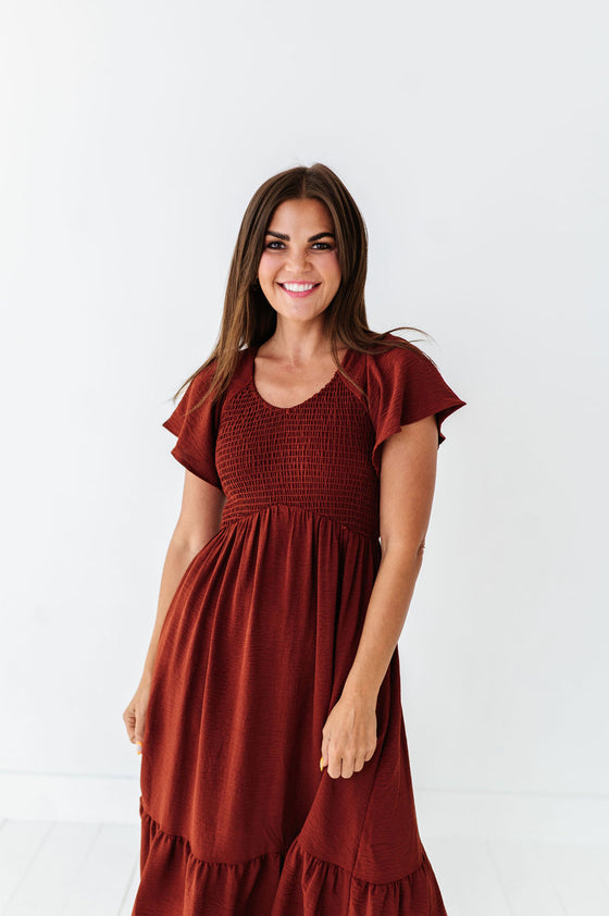 Mollie Midi Dress in Deep Rust