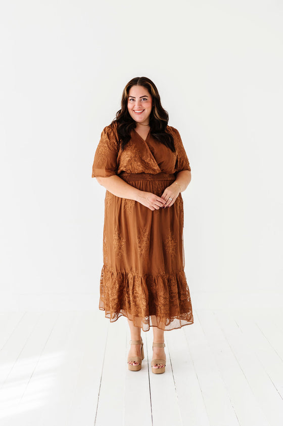 Cambria Embroidered Dress in Caramel