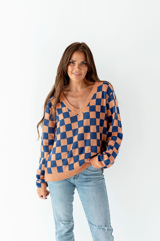 Checked Out Navy & Coral Sweater