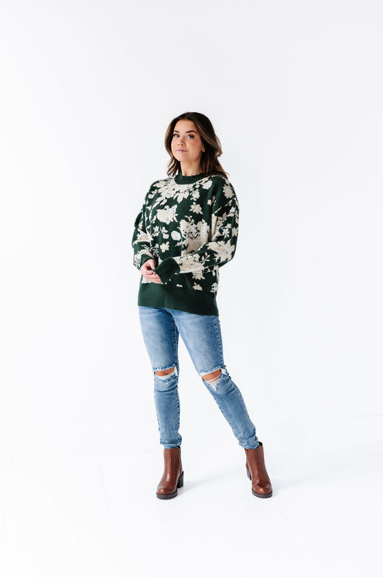 Calla Floral Knit Sweater in Green
