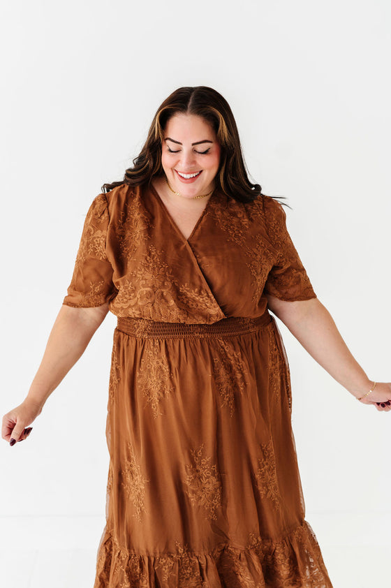 Cambria Embroidered Dress in Caramel