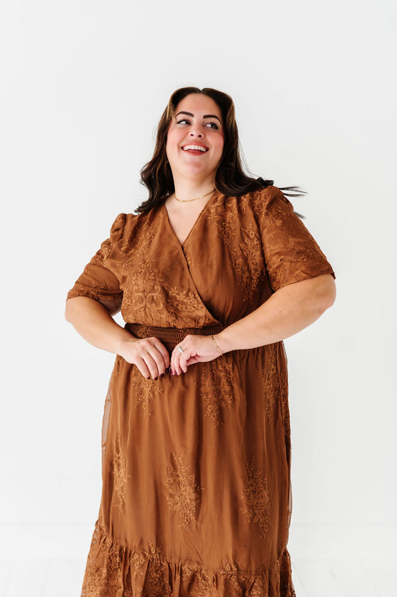 Cambria Embroidered Dress in Caramel