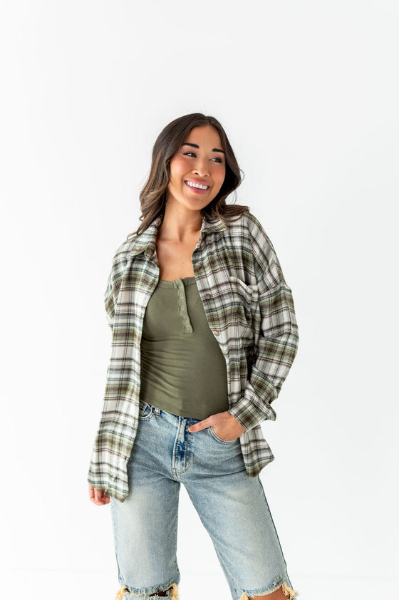 Rowan Plaid Button Up in Olive