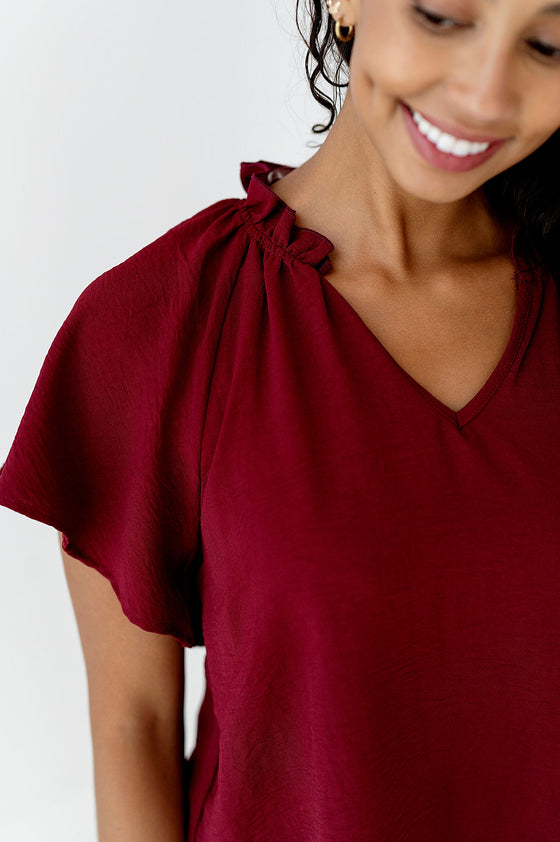 Bailey Ruffle Top in Burgundy - Size Small Left