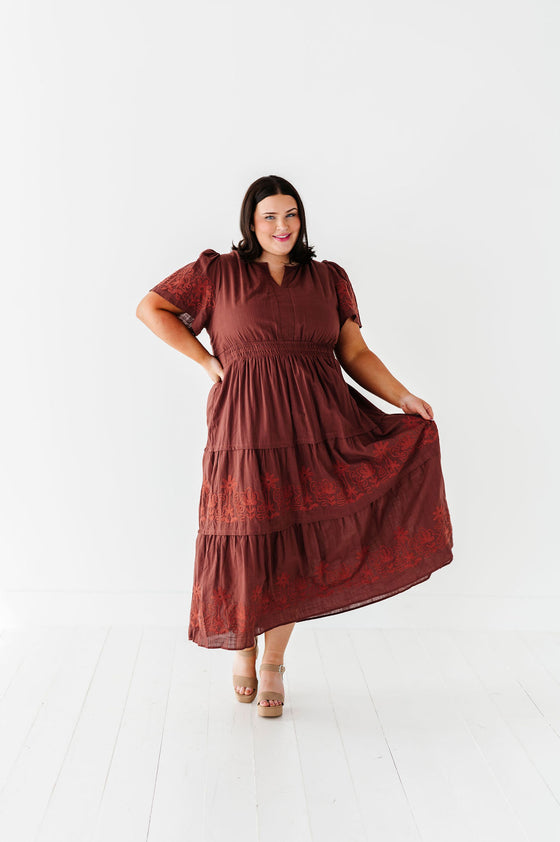 Sandra Embroidered Dress in Burgundy