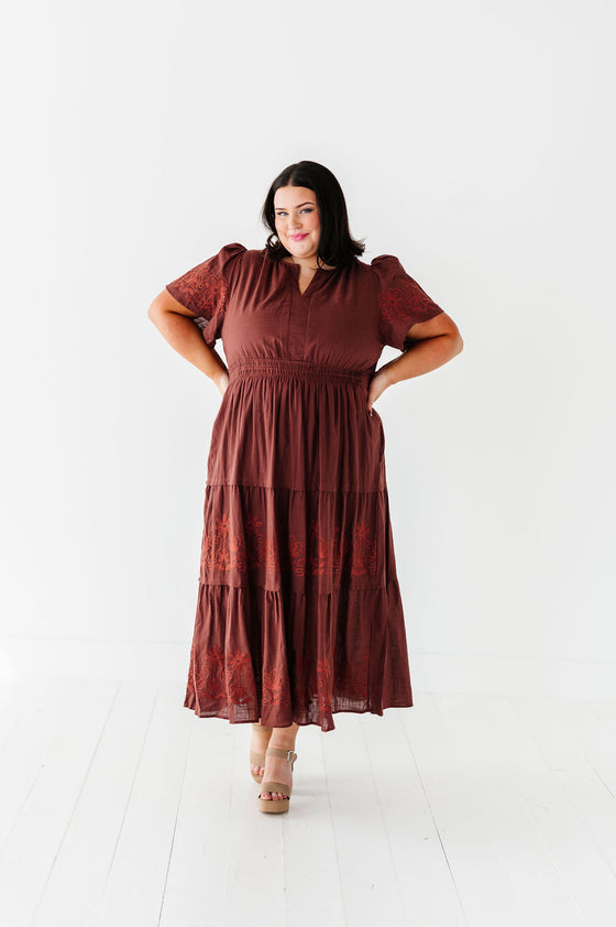 Sandra Embroidered Dress in Burgundy