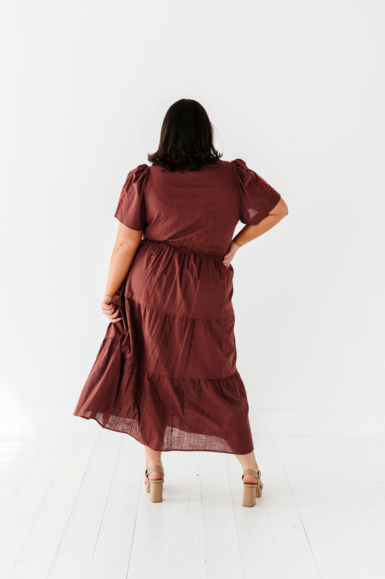 Sandra Embroidered Dress in Burgundy