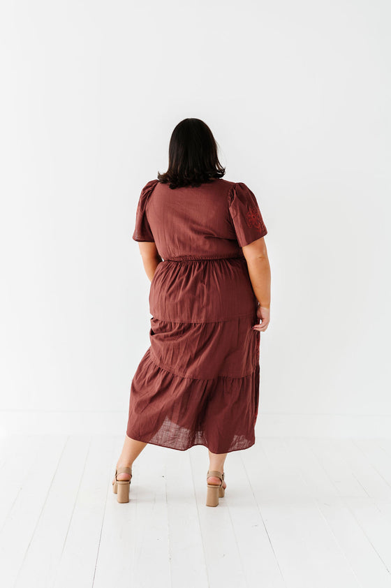 Sandra Embroidered Dress in Burgundy