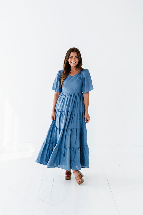 Lucia Embroidered Dress in Dusty Blue