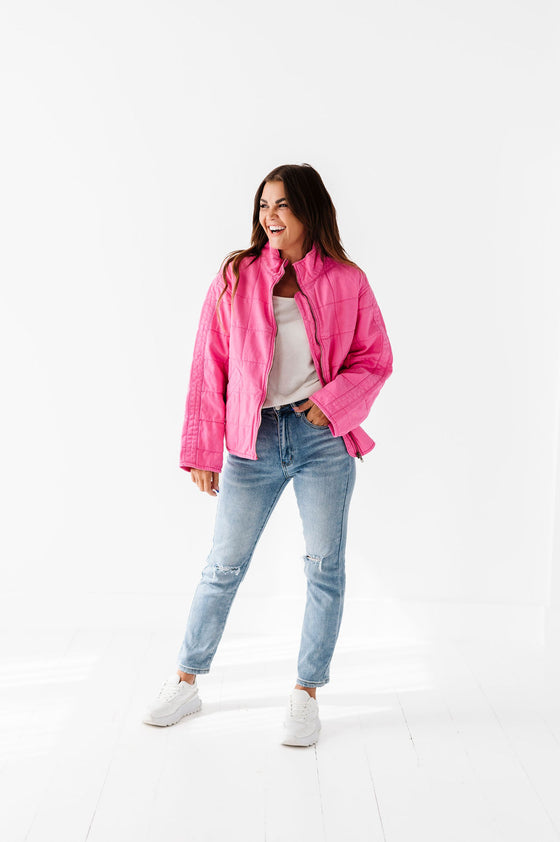 CeCe Quilted Denim Jacket in Hot Pink