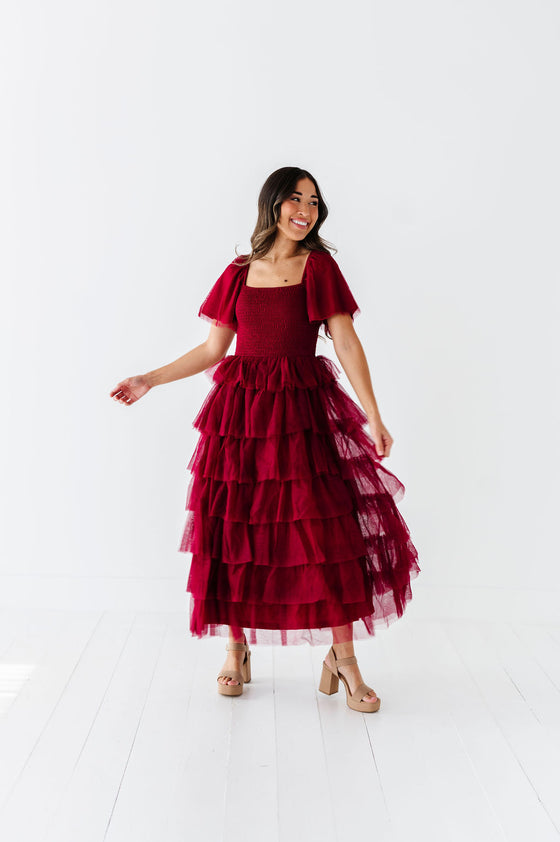 Eloise Tiered Ruffle Dress in Wine