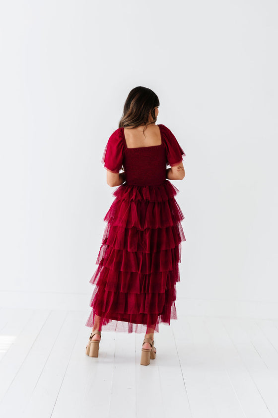 Eloise Tiered Ruffle Dress in Wine