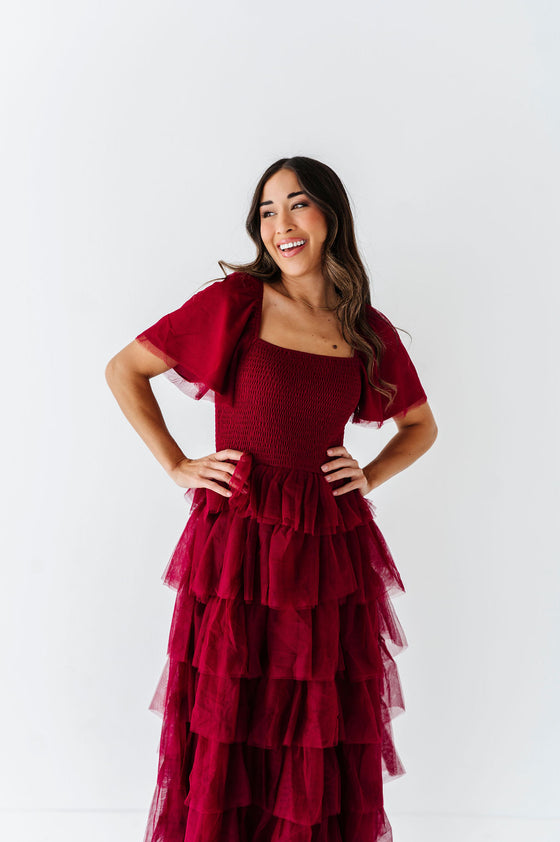 Eloise Tiered Ruffle Dress in Wine