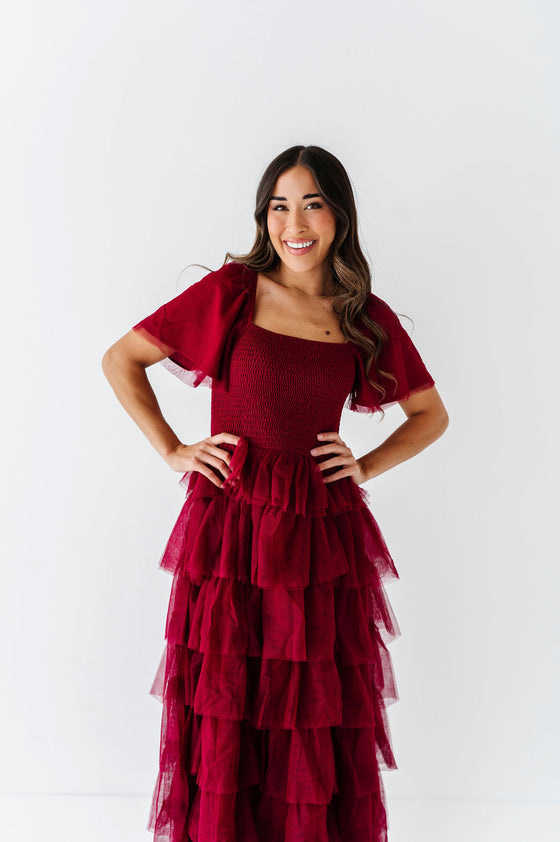 Eloise Tiered Ruffle Dress in Wine