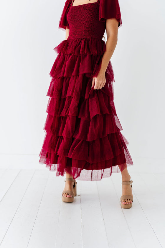 Eloise Tiered Ruffle Dress in Wine