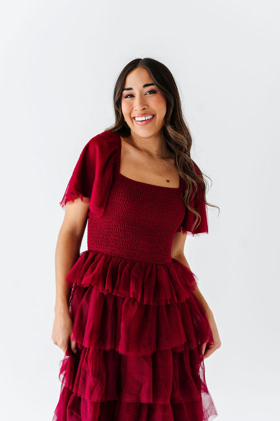 Eloise Tiered Ruffle Dress in Wine