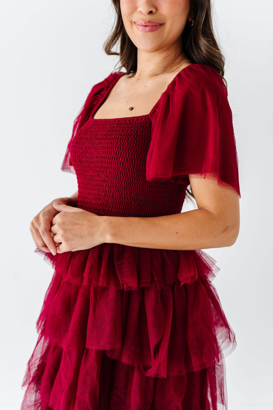 Eloise Tiered Ruffle Dress in Wine