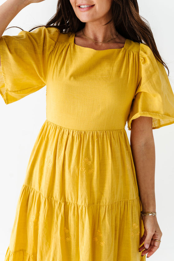 Lucia Embroidered Dress in Mustard