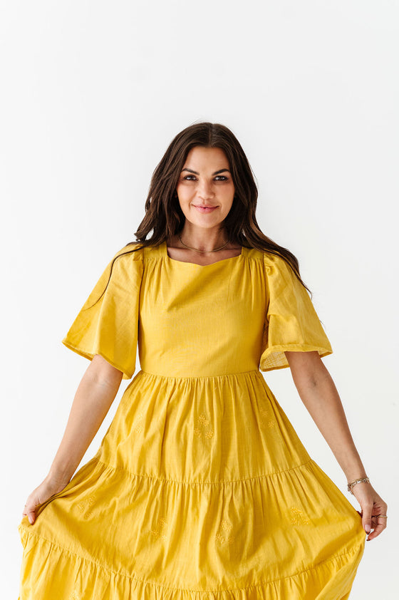 Lucia Embroidered Dress in Mustard