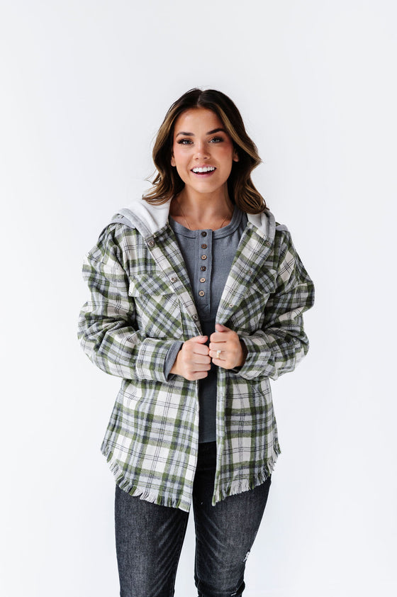 Dove Plaid Shacket in Olive