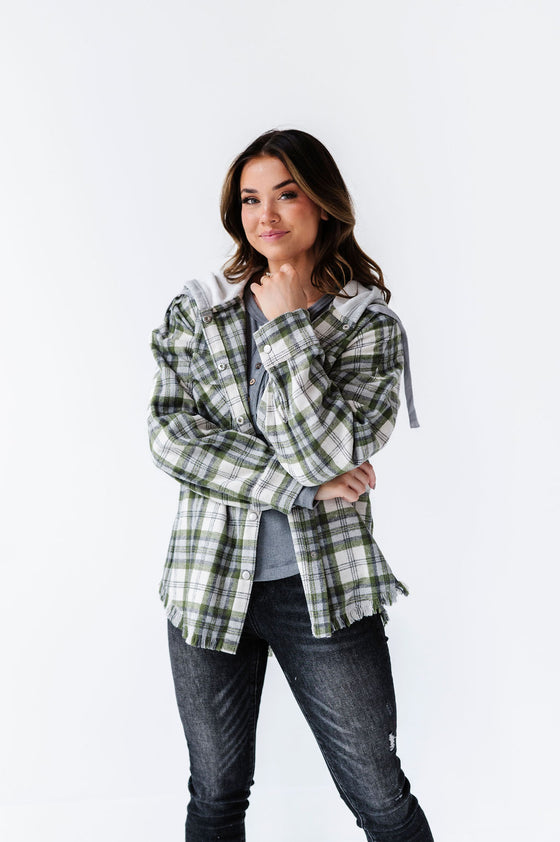 Dove Plaid Shacket in Olive