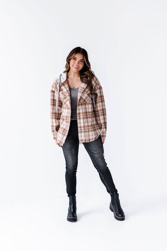 Dove Plaid Shacket in Camel