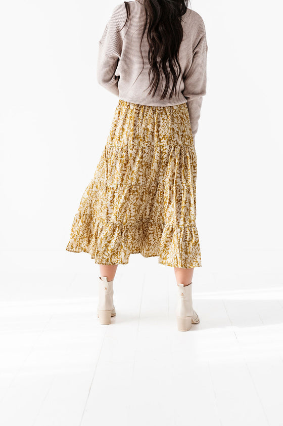 Meadow Tiered Midi Skirt in Mustard