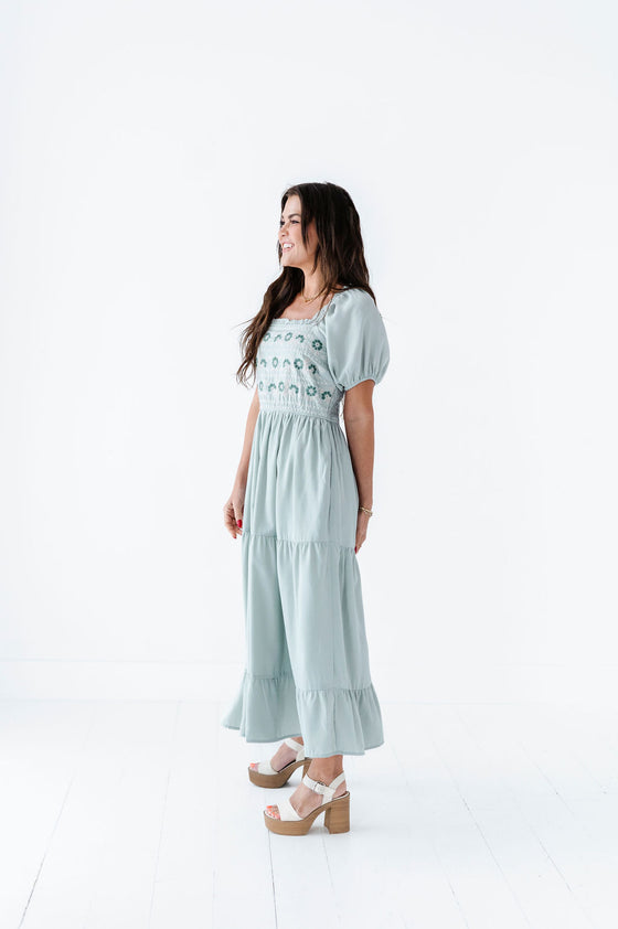 Brooklyn Floral Embroidered Dress In Sage