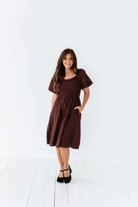 Xana Gingham Dress in Brick