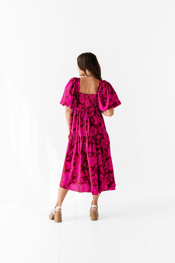 Natalie Floral Print Dress in Fuchsia