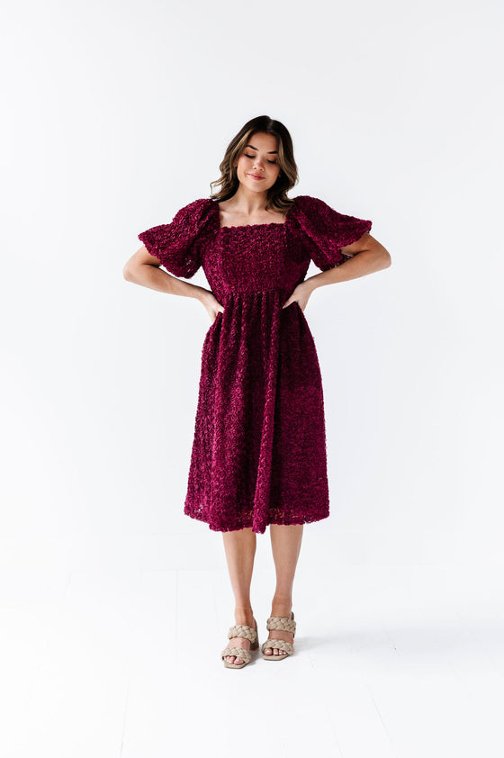Sabine Floral Puff Sleeve Midi Dress in Burgundy