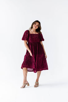  Sabine Floral Puff Sleeve Midi Dress in Burgundy