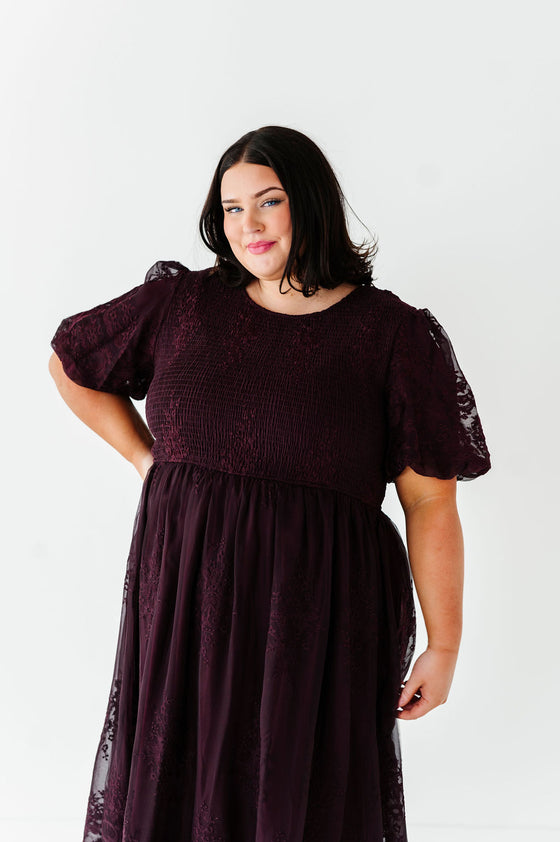 Mia Embroidered Smocked Dress in Plum