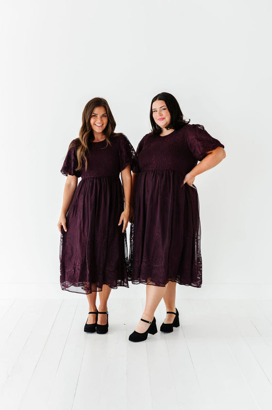 Mia Embroidered Smocked Dress in Plum