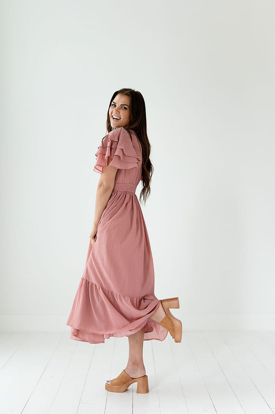 Rubie Flutter Sleeve Dress in Blush - Size Small Left
