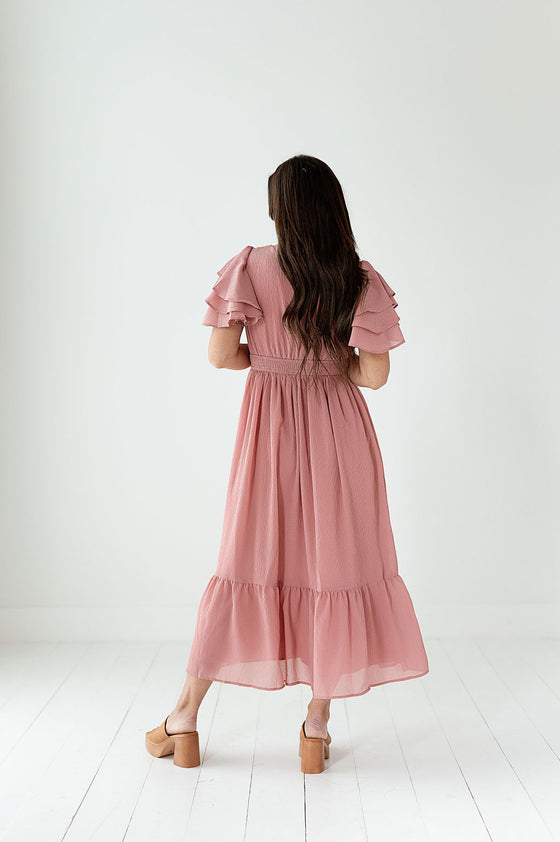 Rubie Flutter Sleeve Dress in Blush
