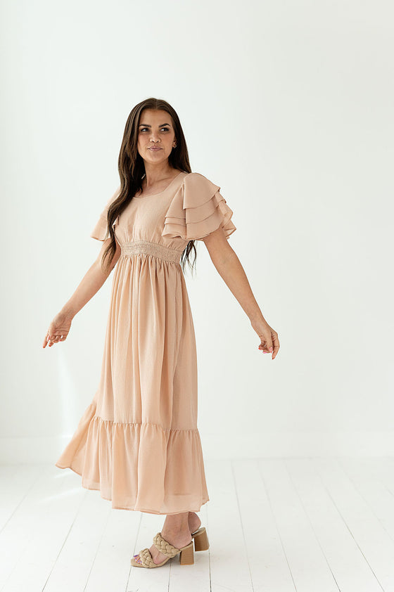 Rubie Flutter Sleeve Dress in Taupe