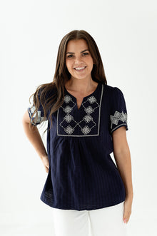  Santorini Embroidered Top in Navy - Size Small Left